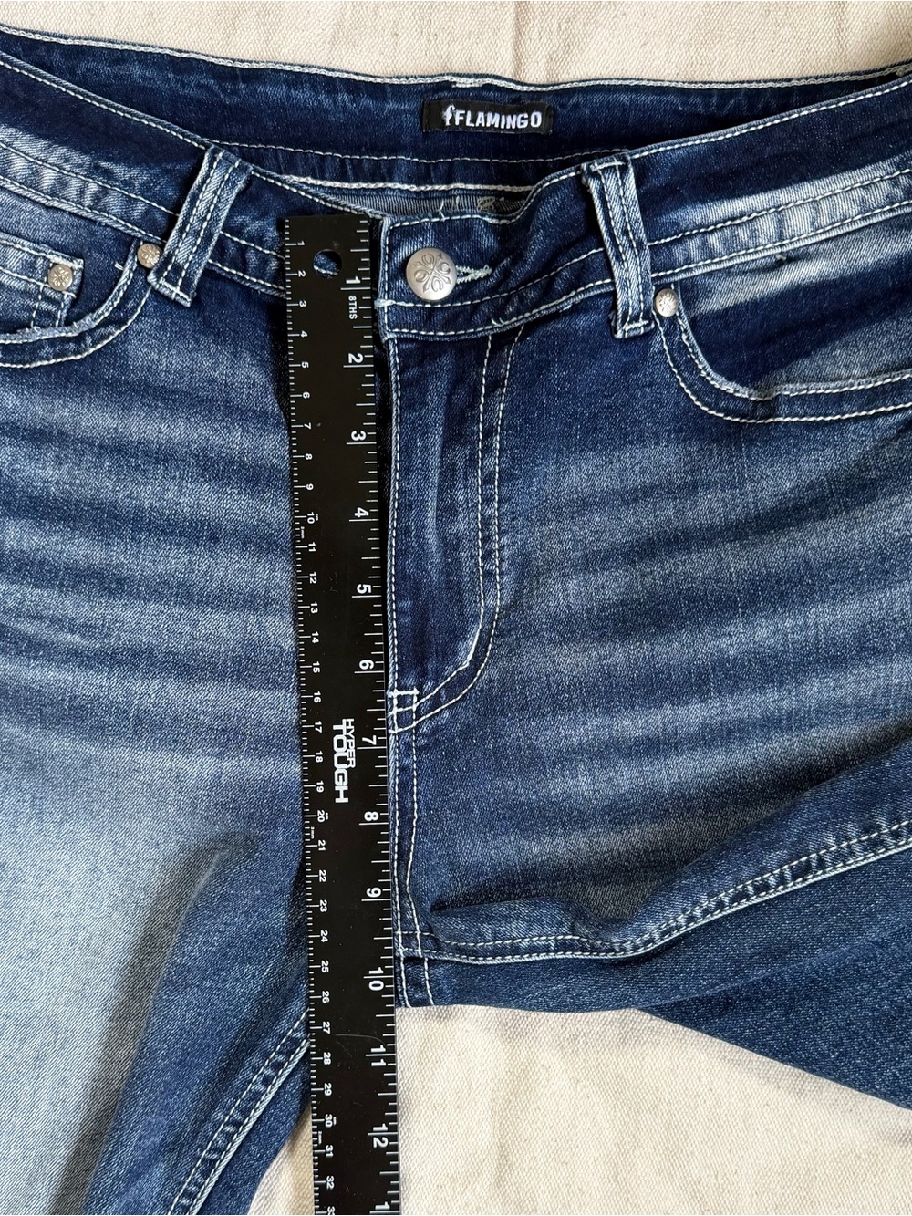 Dark Wash Distressed Whiskered Capri Jeans Comfort Stretch Western Boho Rock L - Picture 7 of 11